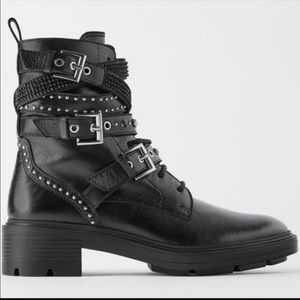ZARA Leather Moto Boots w/Faux Pearl/Silver accent